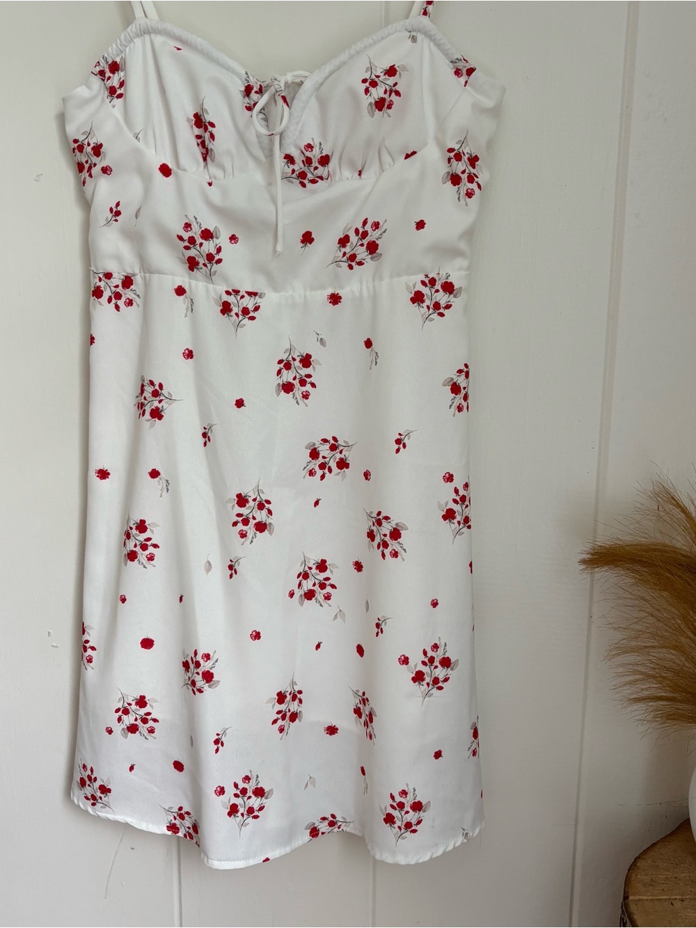 White Spaghetti Strap Mini Dress with Red Floral Print - Picture 2 of 6